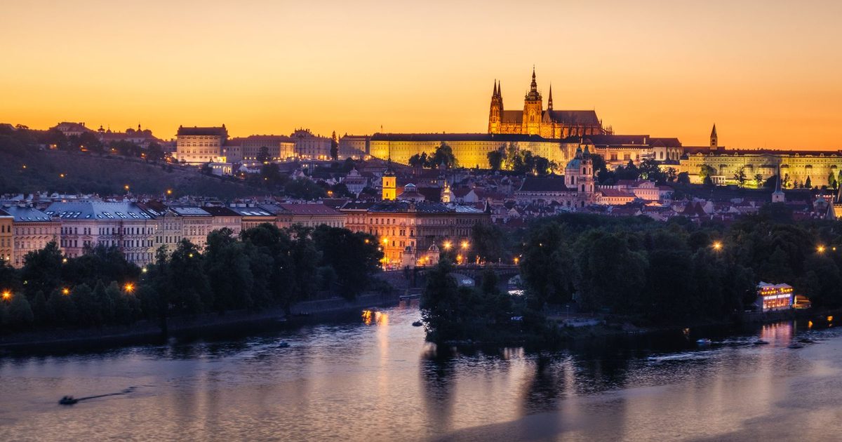 Prague Castle above the Vltava at sunset, Prague