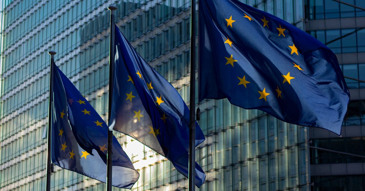 EU flags in front of the European Commission building, Brussels, Belgium