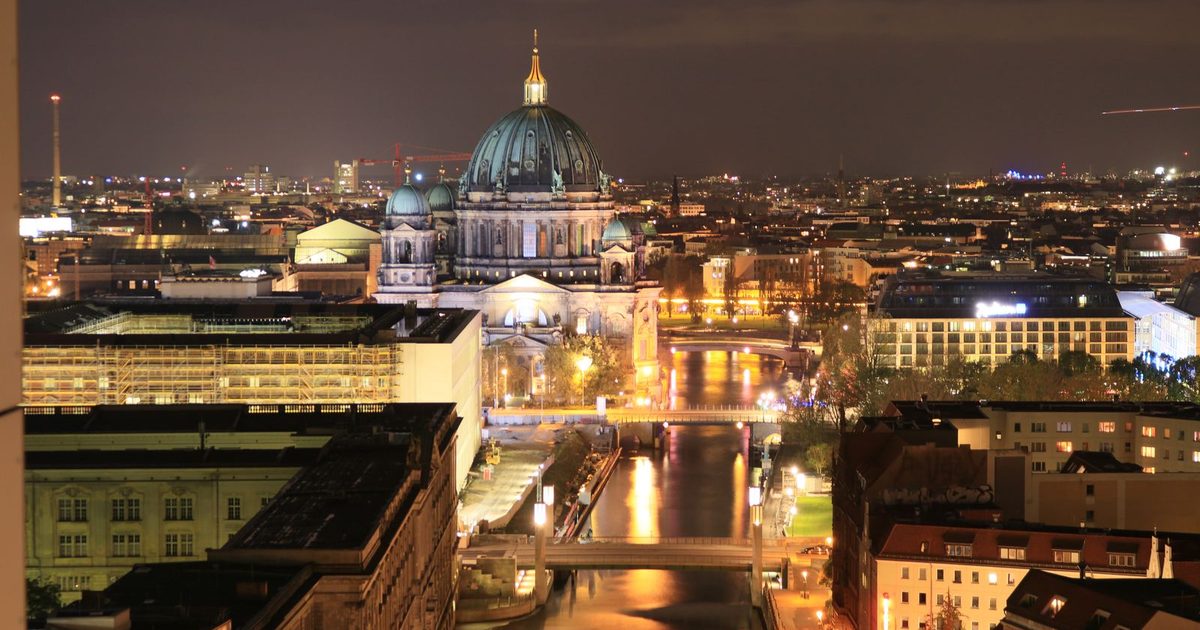 Berlin Cathedral lit up at night, from above