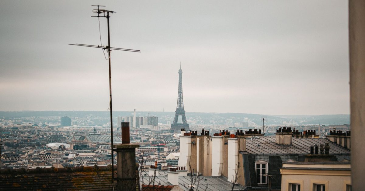 The Paris skyline and the Eiffel Tower in winter