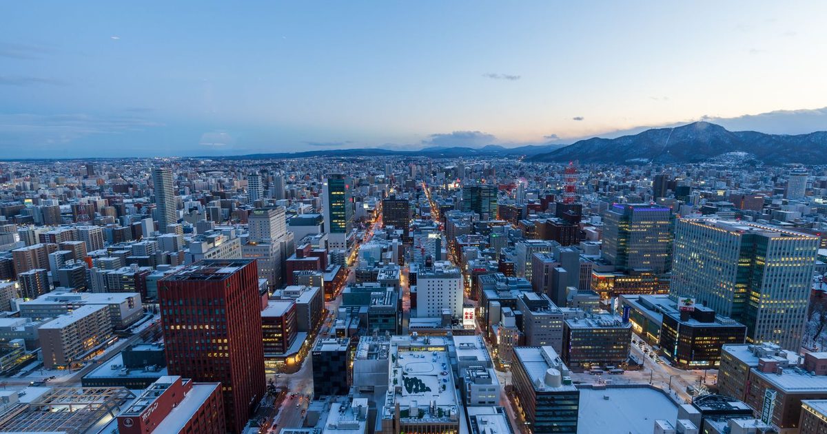 Sapporo, Japan, from above on a winter evening