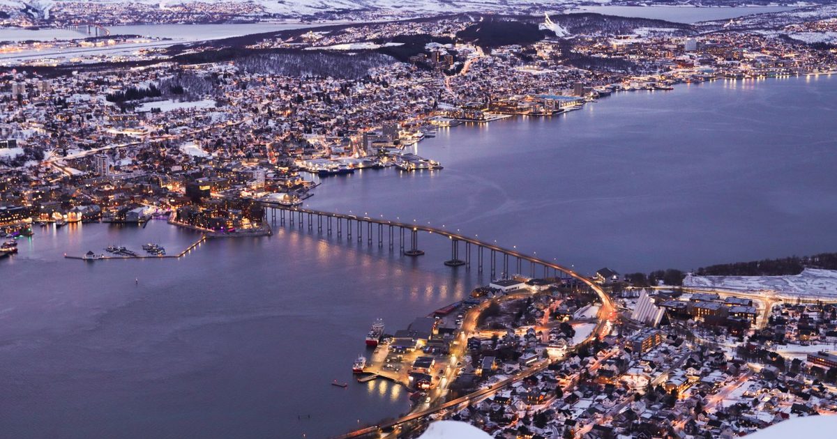 Tromsø from above at twilight in winter